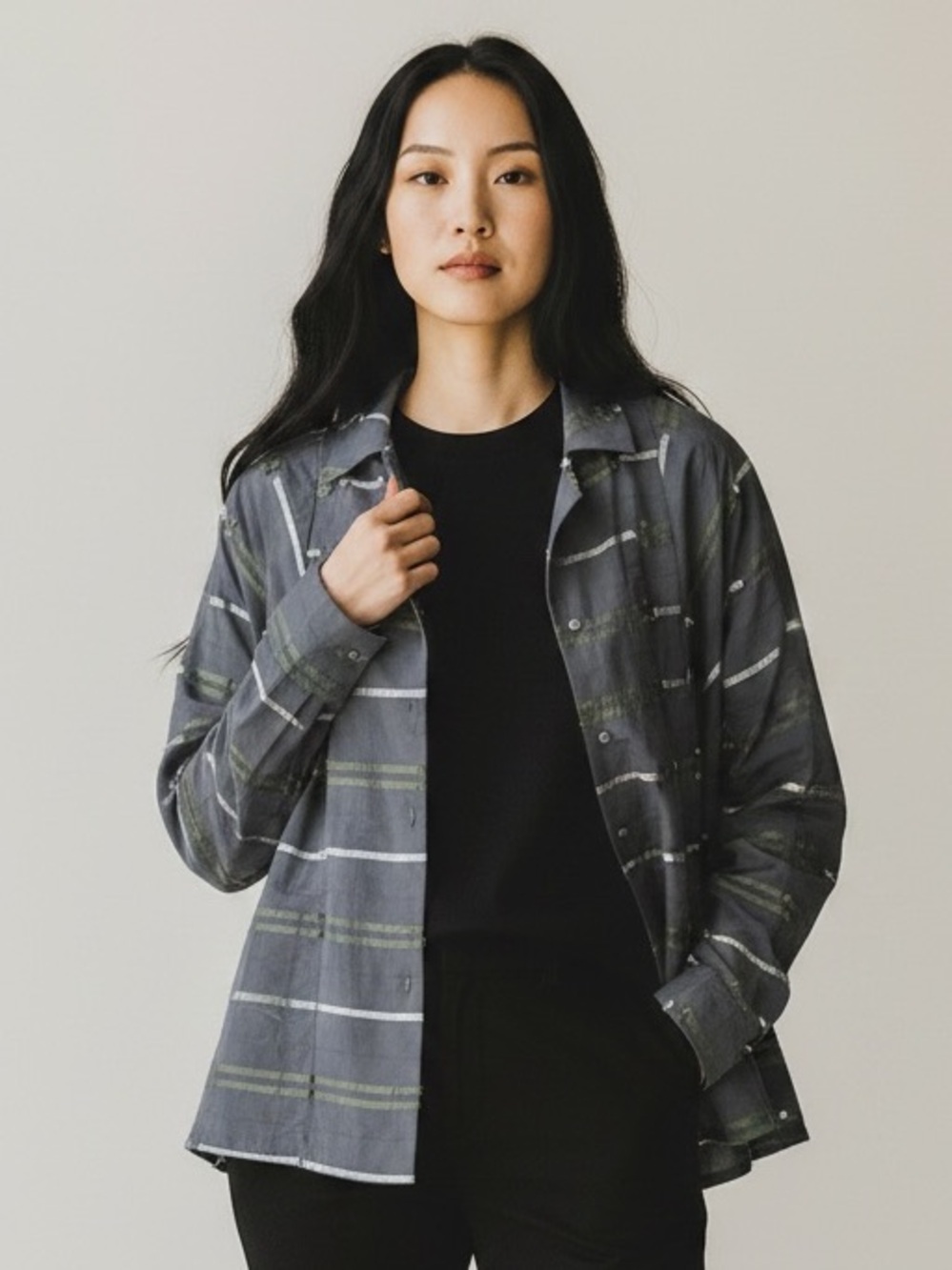 Black Button-Front Patterned Shirt Jacket